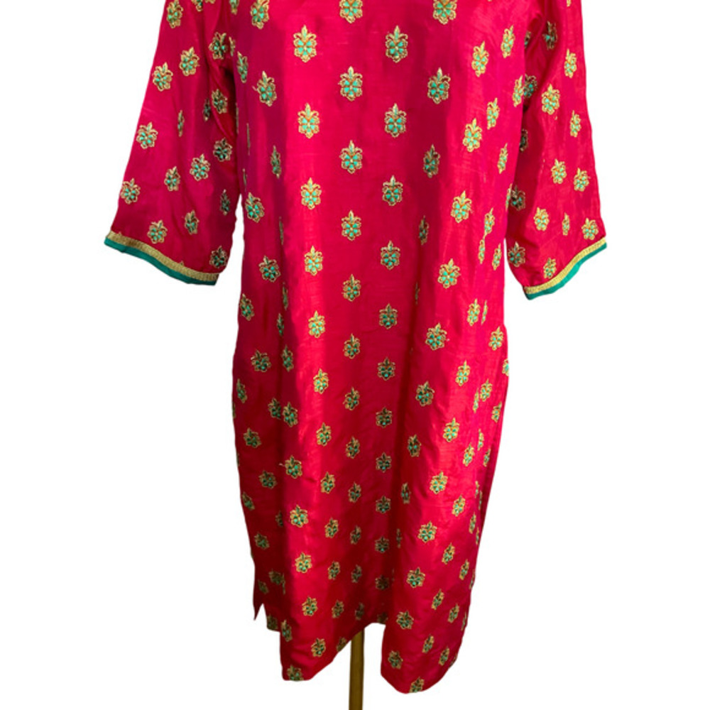 Pink Silk Blend Embroidered Kurta Tunic Teal Gold Floral Notched‎ V-Neck Festive - Picture 4 of 10